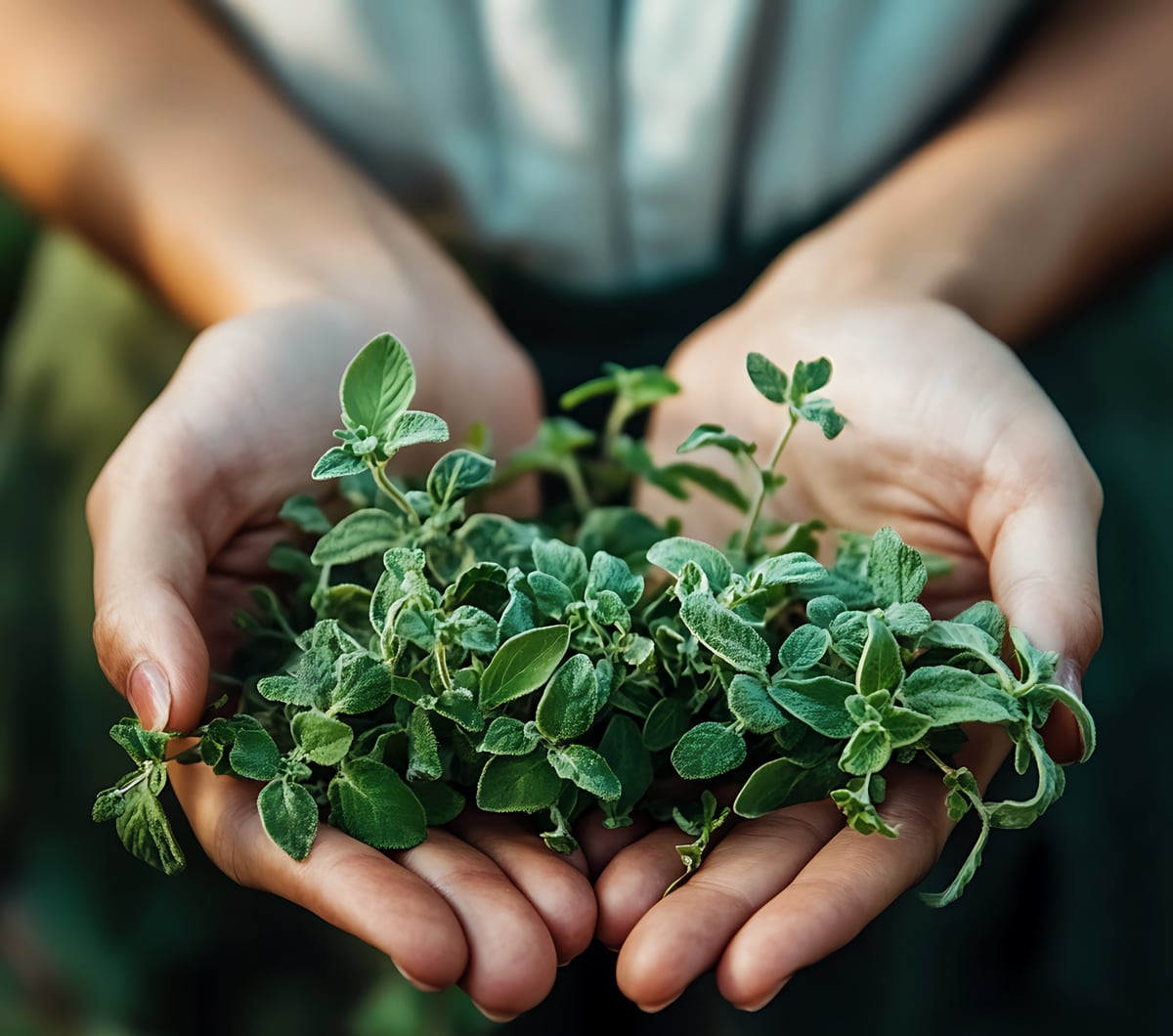 Cupped hands holding fresh green herbs