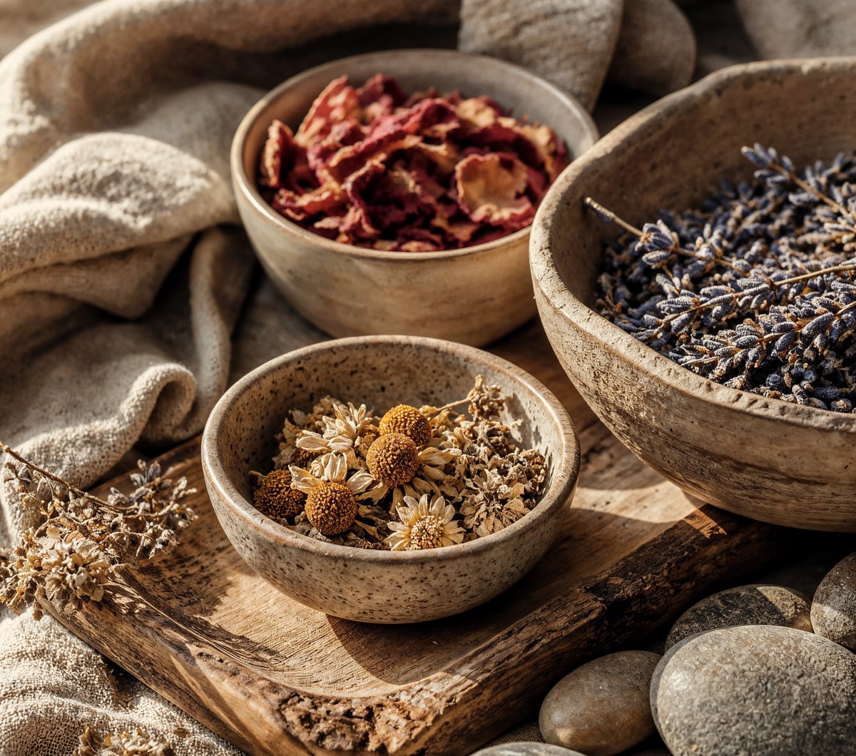 Dried chamomile, lavender and rose petals in bowls on a wooden tray